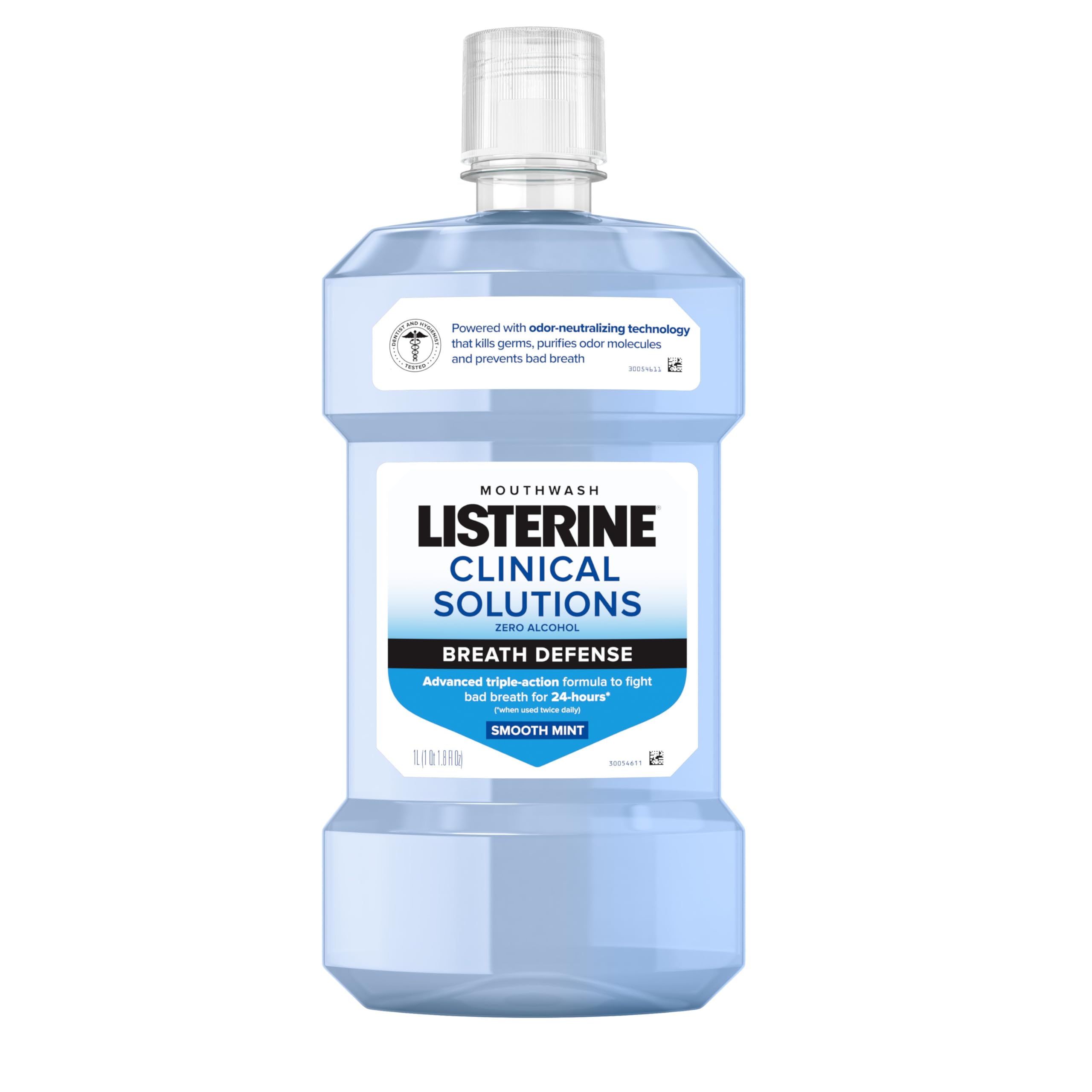 Listerine Clinical Solutions Breath Defense Zero Alcohol Mouthwash, Alcohol-Free Mouthwash with a Triple-Action Formula Fights Bad Breath for 24 Hours, Smooth Mint Oral Rinse, 1 L