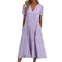 Womens Summer Midi Dresses Notch V Neck Button Stripe Tie Dye Tshirt Dress Casual Short Sleeve Pleated Flowy Boho Dress