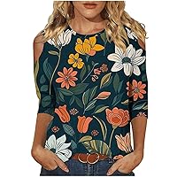 T Shirts for Women Sexy Cold Shoulder Tunic Tops Fashion 3/4 Sleeve Leaves Printed Pullover Shirts Casual Dressy Blouses