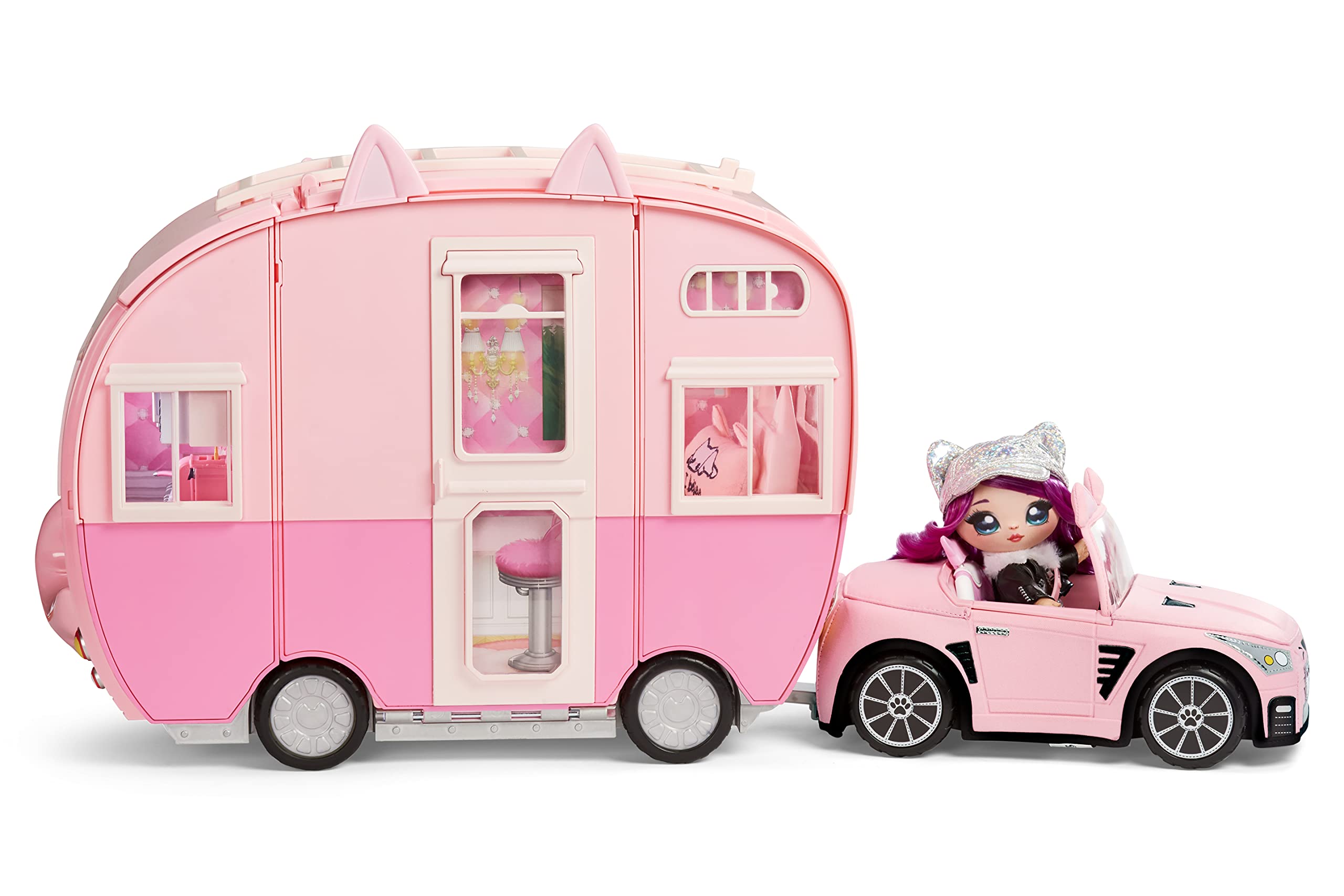 Na Na Na Surprise Kitty-Cat Camper Playset, Pink Toy Car Vehicle for Fashion Dolls with Cat Ears & Tail, Opens to 3 Feet Wide for 360 Play, 7 Areas, Accessories, Gift for Kids Ages 5 6 7 8+ Years