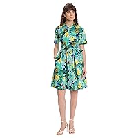 Donna Morgan Women's Floral Printed Collar Neck Dress with Front Placket and Short Sleeves