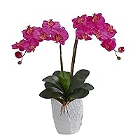 Double Phalaenopsis Orchid White Ceramic Vase Artificial Arrangement, Dark Pink