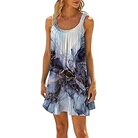 Ladies Sundresses Beach Dress for Women 2024 Summer Print Fashion Sparkly Loose Fit with Sleeveless Round Neck Ruched Dresses Black 3X-Large