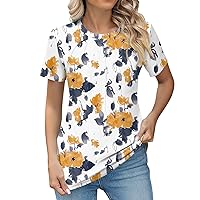 Women's Summer Tops Dressy Casual Pleated Short Sleeve Blouse Loose Crew Neck Floral Tunic to Wear with Leggings