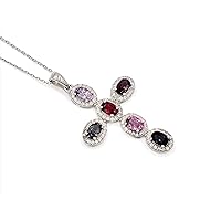 Natural 6X4 MM Oval Cut Multi Spinel Gemstone Holy Cross Pendant Necklace 925 Sterling Silver August Birthstone Multi Spinel Jewelry Engagement Gift For Her (PD-8450)