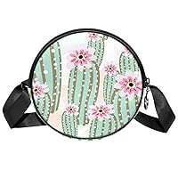 Blooming Cactus Crossbody Bag for Women Teen Girls Round Canvas Shoulder Bag Purse Tote Handbag Bag