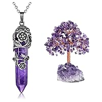 Top Plaza Bundle – 2 Items: Antique Silver Flower Wrapped Natural Amethyst Healing Crystal Necklace & Amethyst Crystals Tree Healing Crystal Stones Wrapped on Natural Raw Amethyst Cluster Base