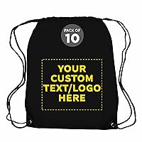 DISCOUNT PROMOS Custom Drawstring Backpack with Black Trim Set of 10, Personalized Bulk Pack - Water Resistant, Perfect for Gym, Camping, Beach, Outdoor Sports - Black