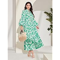 Dresses for Women Allover Print Lantern Sleeve Ruffle Hem Belted Dress (Color : Multicolor, Size : Small)