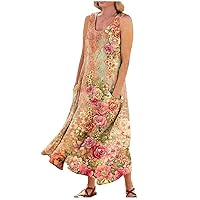 Women’s Summer Casual Loose Sleeveless Spaghetti Strap Asymmetric Tiered Beach Maxi Long Dress Waist-Defined Pink Dress for Women Girls Dresses(6-Orange,XX-Large)