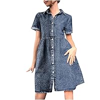 Denim Dress for Women Babydoll Tiered Short Sleeve Button Down Jean Shirt Dresses Casual Knee-Length Tunic Dress
