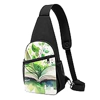 Sling Bag Crossbody for Women Fanny Pack Watercolor Green Book Chest Bag Daypack for Hiking Travel Waist Bag