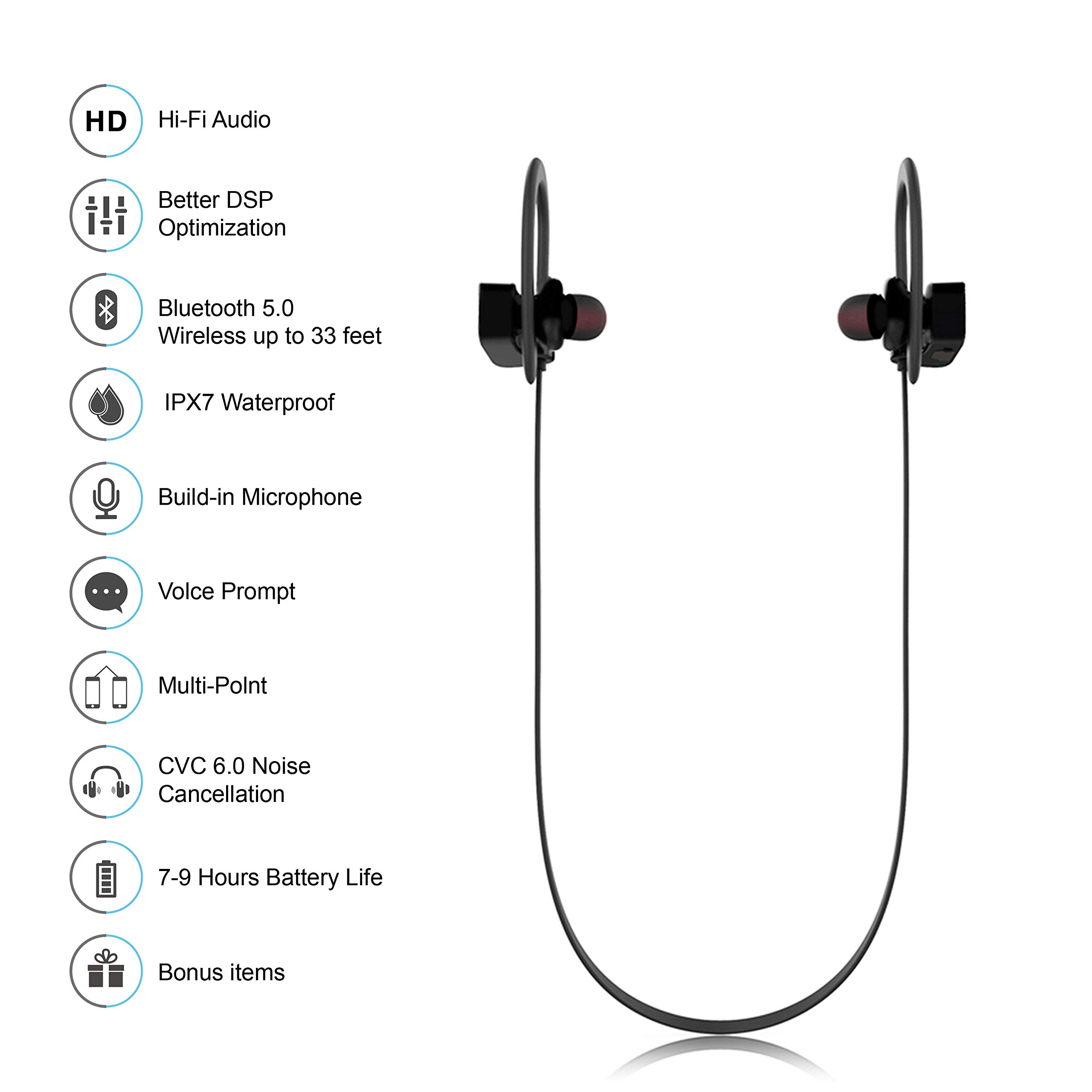 Bluetooth Headphones, Hussar Magicbuds Best Wireless Sports Earphones with Mic, IPX7 Waterproof, HD Sound with Bass, Noise Cancelling, Secure Fit, up to 9 Hours Working time (Upgraded), Black