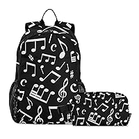 SUABO 2Pcs Black Music Note Backpack for Child Bookbag Set Primary School Daypack Middle-School Students Knapsack with Lunch Box