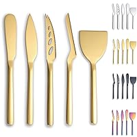 Berglander Gold Cheese Knife Set of 5 for All Types of Cheese, Golden Titanium Plating Cheese Cutter Slicer Ergonomic Design for Confortable Grip and Cut, Butter Spreader Knife