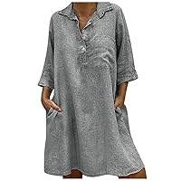 3/4 Sleeve Linen Dresses for Women, 2023 Summer V Neck Dress Trendy Loose Pocket Sundress Casual Relaxed Fit Dress