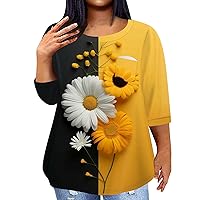 Women Plus Size Clothes Plus Size Tops for Women Sunflower Print Casual Fashion Trendy Loose Fit with 3/4 Sleeve Round Neck Shirts Black 4X-Large