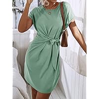 Easter Dress for Women Knot Side Solid Batwing Sleeve Dress (Color : Mint Green, Size : XS)