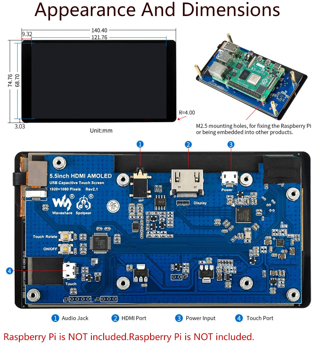 waveshare 5.5inch HDMI AMOLED Display 1080x1920 Resolution Capacitive Touch Screen with Toughened Glass Cover 6H Hardness for Raspberry Pi 4B/3B+/3B/2B/Zero/Zero W and Jetson Nano,PC,Multi Systems