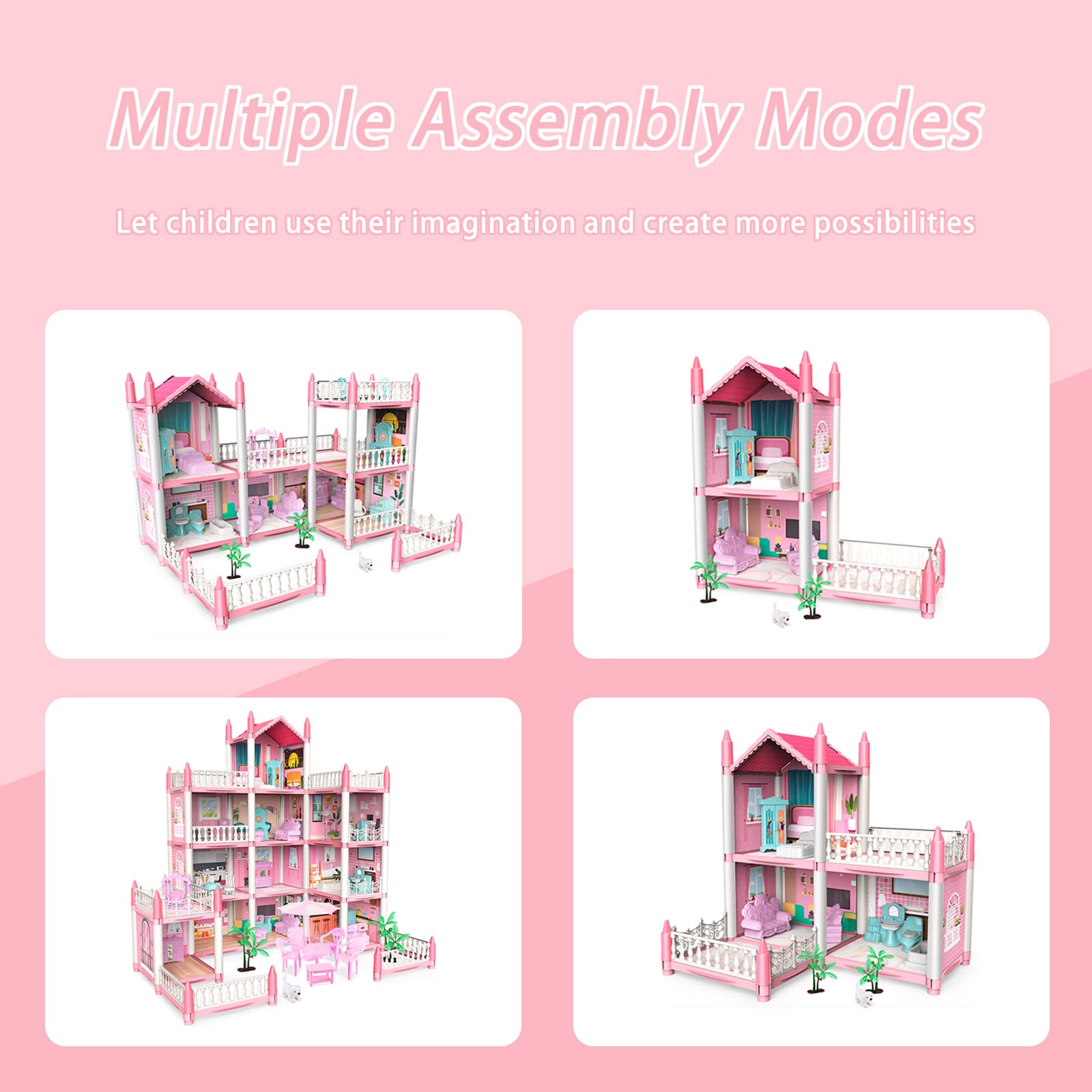 Doll House Set with 11 Rooms and Furniture Accessories, Pink Play Dream House for Girls, DIY Building Pretend Play Doll House Gift Toy for Kids.