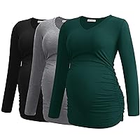 Smallshow Women's V-Neck Maternity Shirt Clothes Long Sleeve Ruched Pregnancy Top