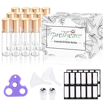 PrettyCare Essential Oil Roller Bottles 10ml (Clear Glass Bottle with Gold Cap, 12 Pack, 2 Extra Stainless Steel Balls, 24 Labels, Opener, Funnels Roller Balls for Oils, Roller on Bottles