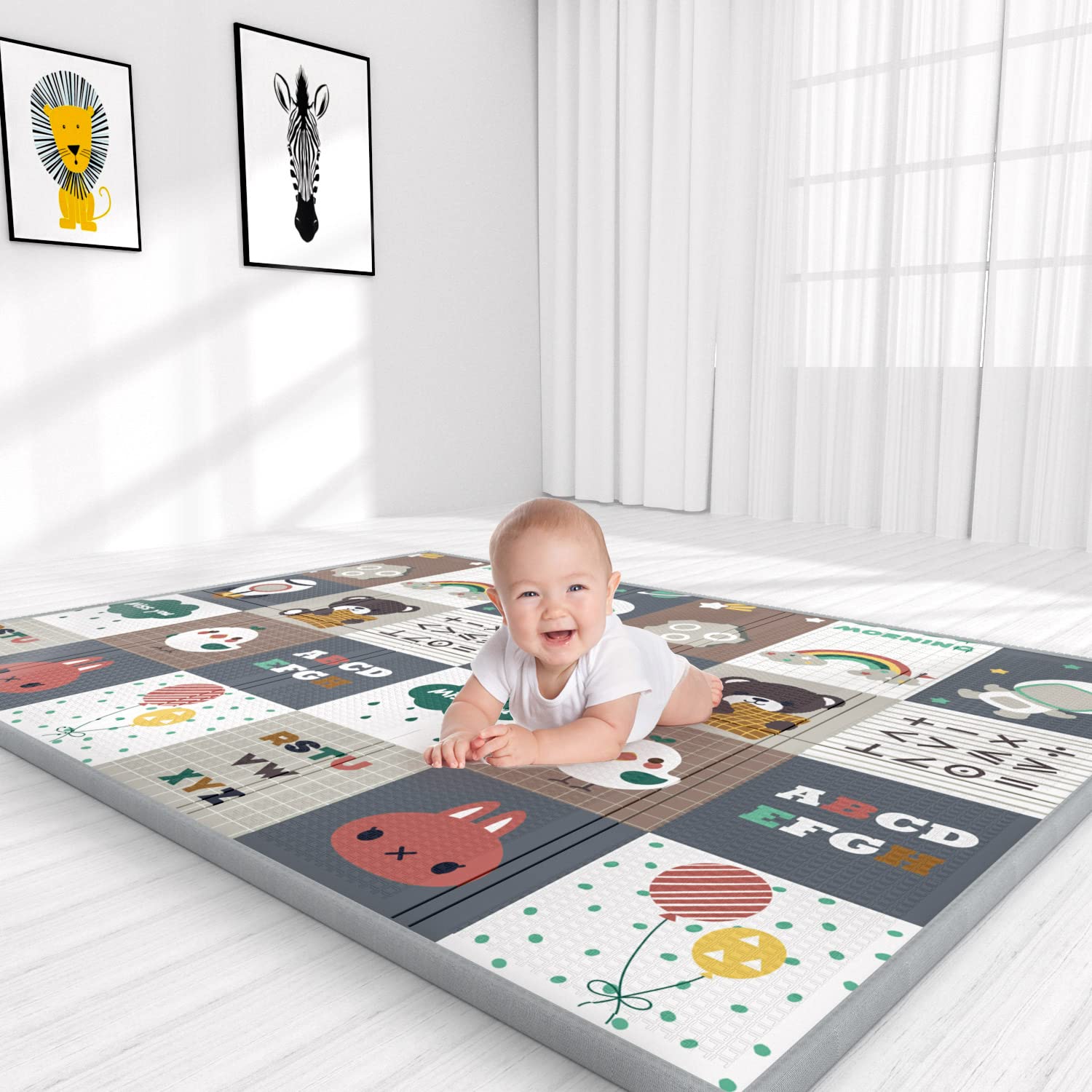 YOOVEE Foldable Baby Play Mat for Crawling, Extra Large Play Mat for Baby, Waterproof Non Toxic Anti-Slip Reversible Foam Playmat for Baby Toddlers Kids, 79