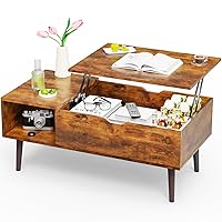 Sweetcrispy Coffee Tables, Lift Top Coffee Tables for Living Room, Small Rising Wooden Center Tables with Hidden Storage Compartment, Rust Brown