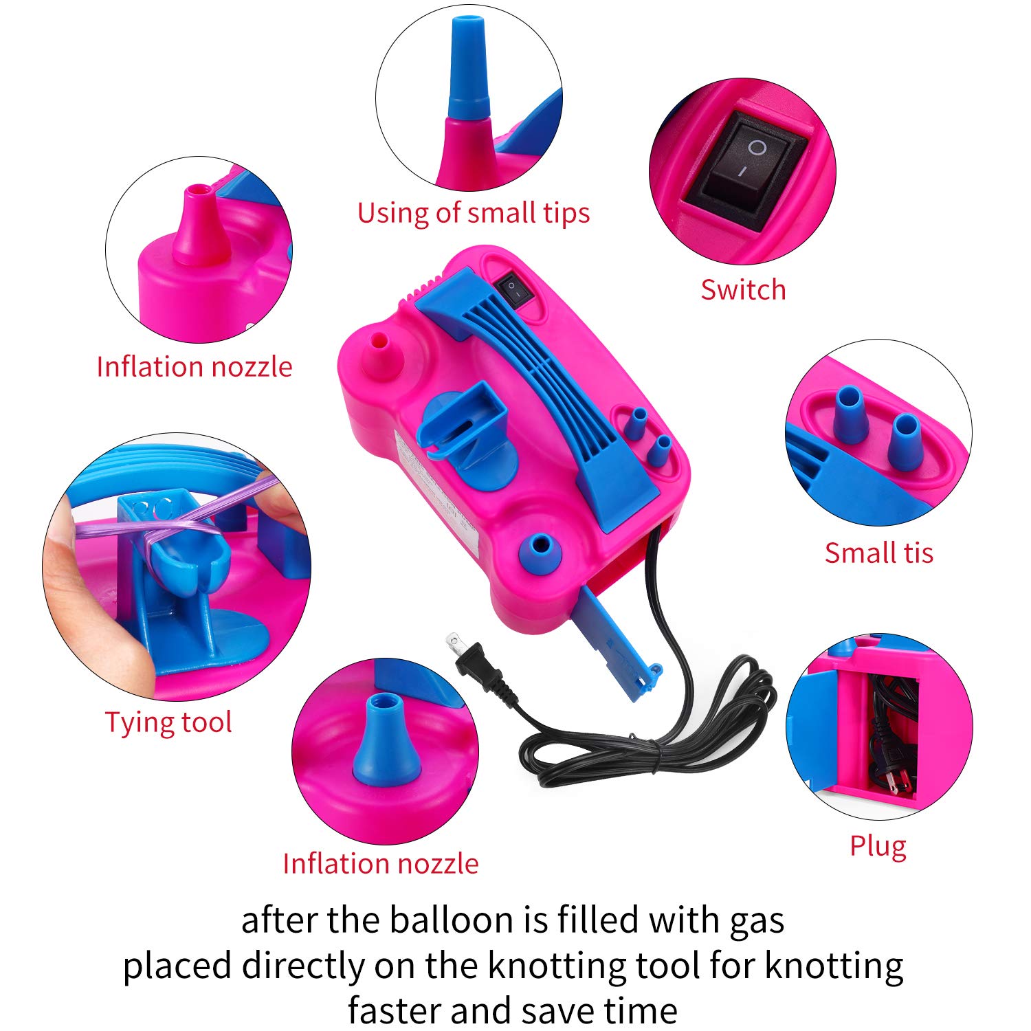 PCFING Electric Air Balloon Pump and Tying Tool in One, Portable Dual Nozzle Electric Blower Air Pump Inflator for Decoration, Party and Save Time