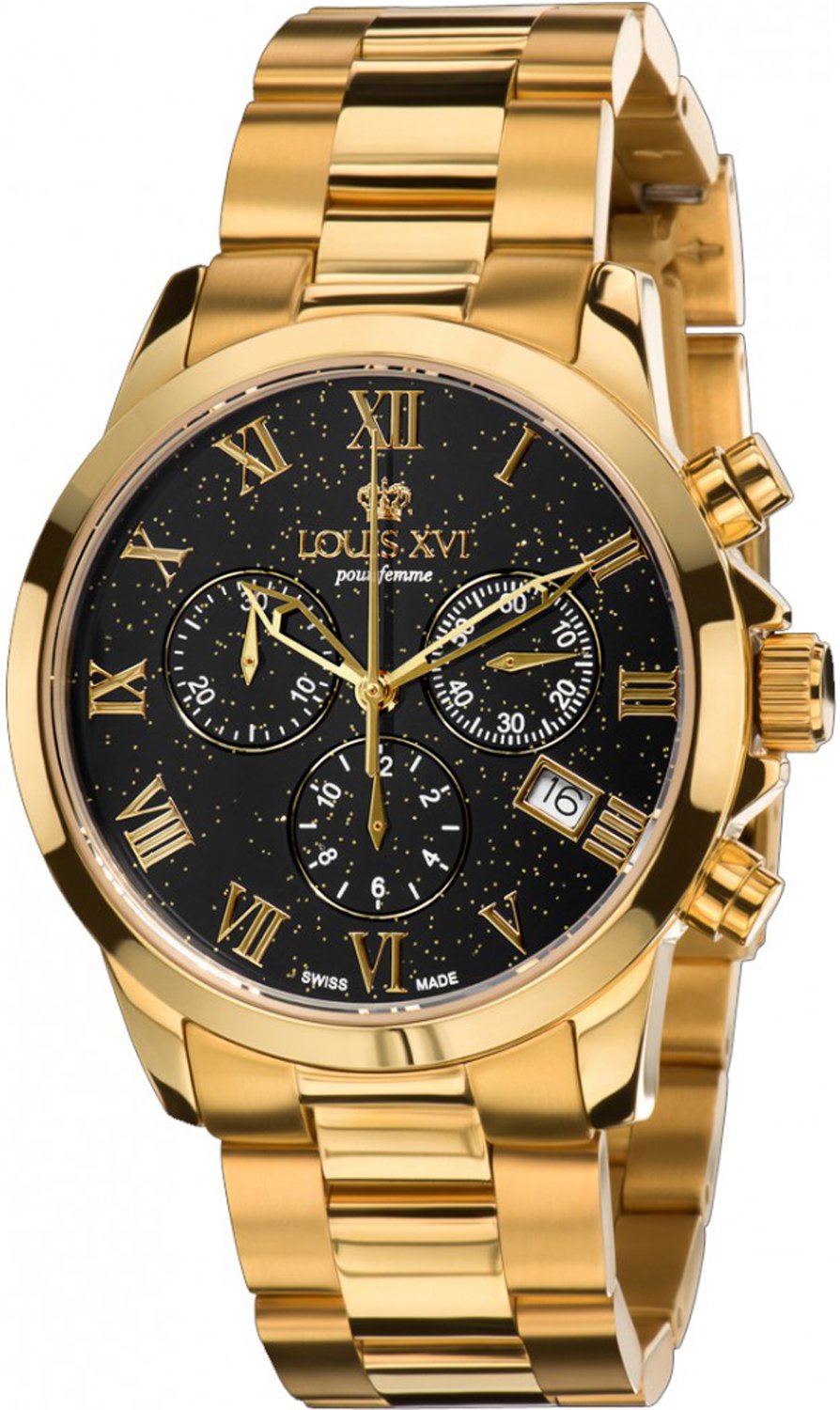 LOUIS XVI Damen-Armbanduhr Athos Pour Femme Stahlband Gold Schwarz Stars Edition Gold Chronograph Analog Quarz Edelstahl 545