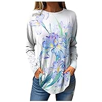 Long Sleeve Shirts for Women Loose Fall Hippie Tshirts Crew Neck Blouse Printed Sweatshirts Dressy Casual Pullover