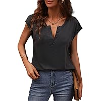 Womens Summer Tops Sexy Casual T Shirts for Women Solid Notched Neck Batwing Sleeve Tee