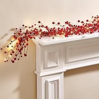 LampLust Red Pip Berry Lighted Garland with Brown Twigs: 6 Ft, 100 LED Lights, Battery Operated, Indoor Outdoor Artificial Farmhouse, Mantel Home Decorations, for Fireplace, Staircase or Kitchen Décor