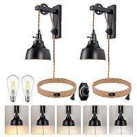 8FT Dimmable Plug in Wall Sconces Pulley Wall Lamps Vintage Hanging Light Fixture Wall Lights with Plug in Dimmable Switch Set of Two Black Wall Lamp for Bedroom, Living Room and Hotel