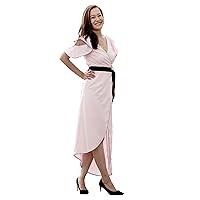 Petite to Regular Open Back Trimmed Line Wrap A-Line Flare Dress Pink