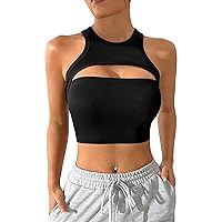 OYOANGLE Women's Cut Out Round Neck Racer Back Crop Tank Top Solid Rib Knitted Athletic Sports Tops