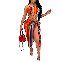 African Printed Bikini Sets with Wrap Skirt Cover Halter Striped 3 PCS String Swimsuit and Cover Up Set for Women