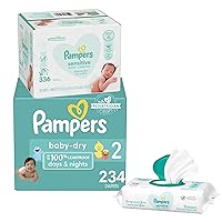 Diapers Size 2, 234 Count and Baby Wipes - Pampers Baby Dry Disposable Baby Diapers, ONE MONTH SUPPLY with Baby Wipes Sensitive 6X Pop-Top Packs, 336 Count (Packaging May Vary)