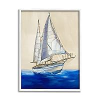 Stupell Industries Contemporary Sailboat Yacht Deep Blue Waves Neutral Sky White Framed Wall Art, 16 x 20