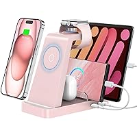 Wireless Charger for iPhone - 5 in 1 Charging Station for Multiple Devices Apple: Fast Wireless Charging Stand Dock for iPhone 15 14 13 12 Pro Max Apple Watch Airpods(Pink)