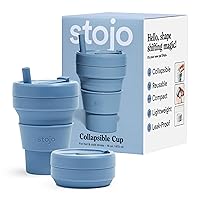 STOJO Collapsible Travel Cup With Straw - Steel Blue, 16oz / 470ml - Reusable To-Go Pocket Size Silicone Bottle for Hot and Cold Drinks - Perfect for Camping and Hiking - Microwave & Dishwasher Safe