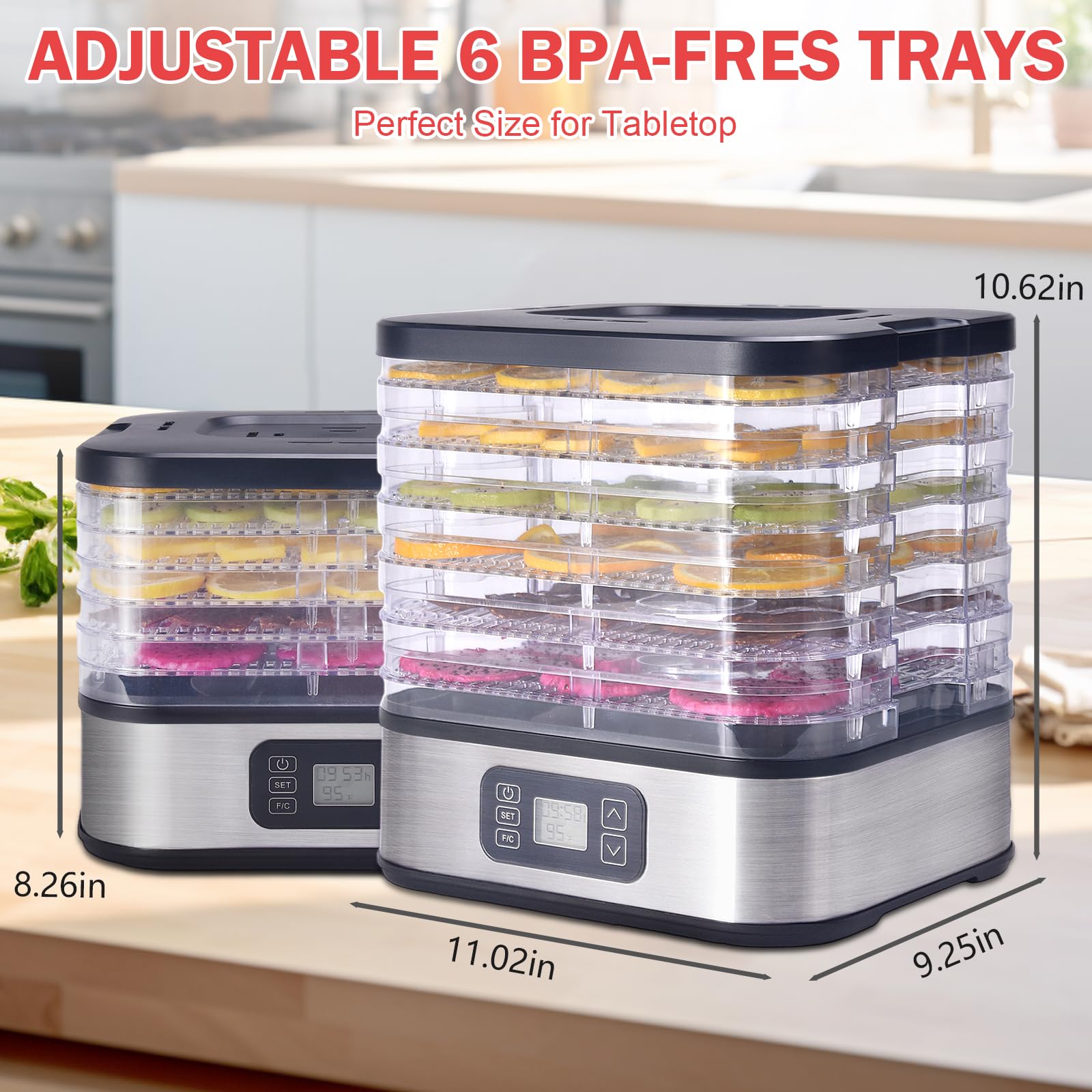 HOPERAN Food Dehydrator, 6 Trays Dehydrator with 72H Timer & 95-167℉ Temperature Control & LED Display, Dehydrators for Food and Jerky, Fruits, Herb, Veggies, Pet Treat, BPA-Free, Recipe Book Included