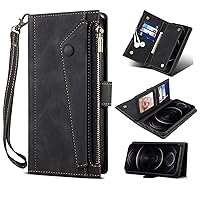 XYX Wallet Case for Samsung Galaxy A24 4G, RFID Blocking Solid Color PU Leather Zipper Pocket Phone Cover with Adjustable Shoulder Strap, Black