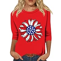 4th of July Tops for Women Plus Size 3/4 Sleeve Tops American Flag Shirt Quarter Length Sleeve Tunics Tee Blouses