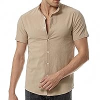 Mens Button Down Shirts Summer Short Sleeve Stand Collar Basic Solid Color Comfy Cotton and Linen Shirt for Men