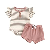 Newborn Baby Girl Waffle Knit Outfit Summer Striped Ruffle Short Sleeve Romper Bloomer Shorts 2 Piece Clothes Set