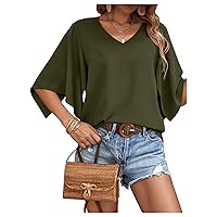 SOLY HUX Women's Blouse V Neck Half Split Sleeve Casual Solid Blouses Tops