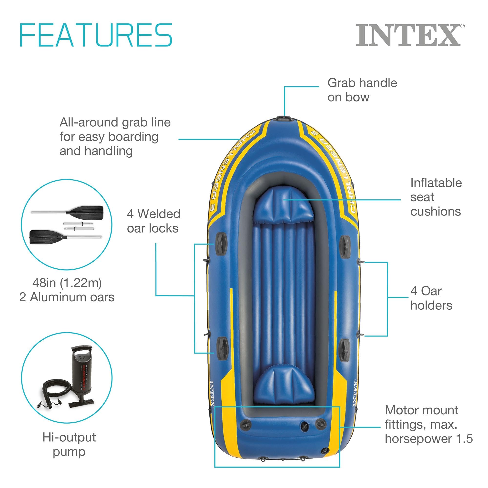 INTEX Challenger Inflatable Boat Series: Includes Deluxe Aluminum Oars and High-Output Pump – SuperStrong PVC – Triple Air Chambers – Welded Oar Locks – Heavy Duty Grab Handle