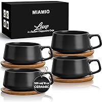 MIAMIO – 11 Oz., Set of 4 Ceramic Tea Cup and Saucer Bamboo/Tea Mug - Wide Cappuccino Cup, Coffee Cups Ceramic Mug for Cappuccino, Latte, Espresso & Americano - Luxe Collection (Black)