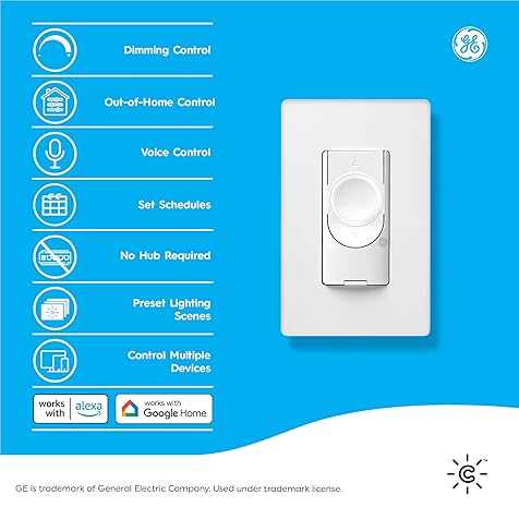 GE CYNC Smart Dimmer Light Switch, No Neutral Wire Required, Bluetooth and 2.4 GHz WiFi 3-Wire Switch, Works with Amazon Alexa and Google Home, White (1 Pack)